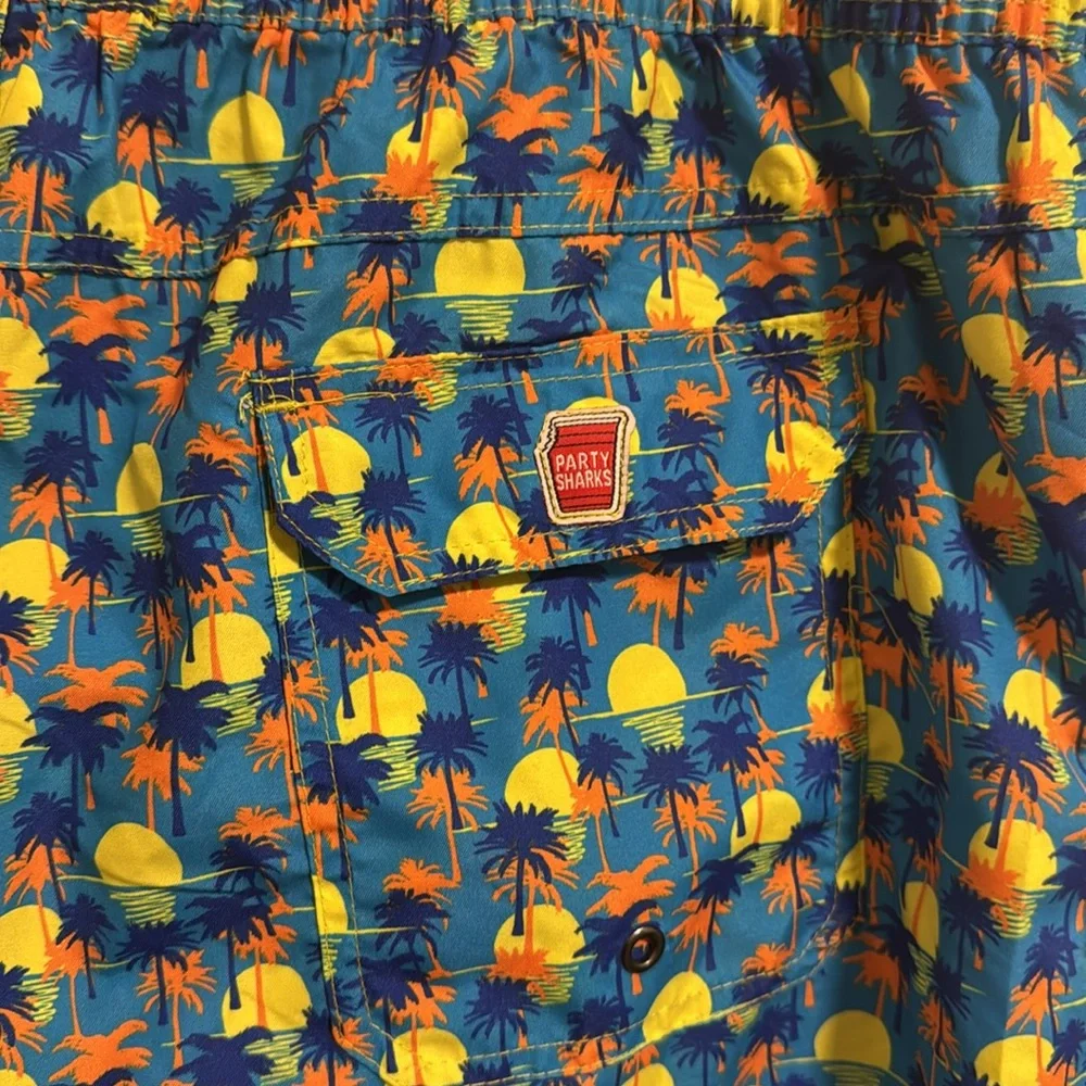NWT Party Sharks Mens XXL Swim Trunks Palm Trees Quick Dry Comfort Pockets Beach